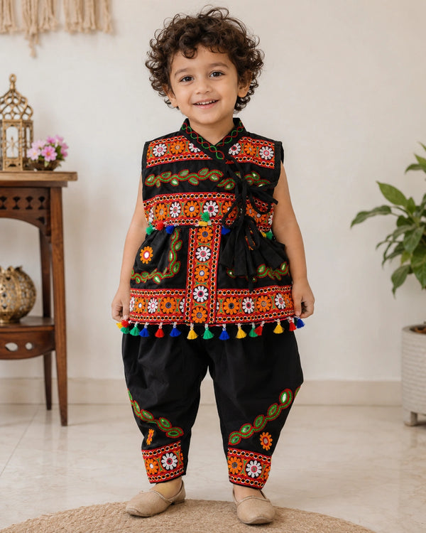 Black Embroidered Kediyu Set for Boys - Front View