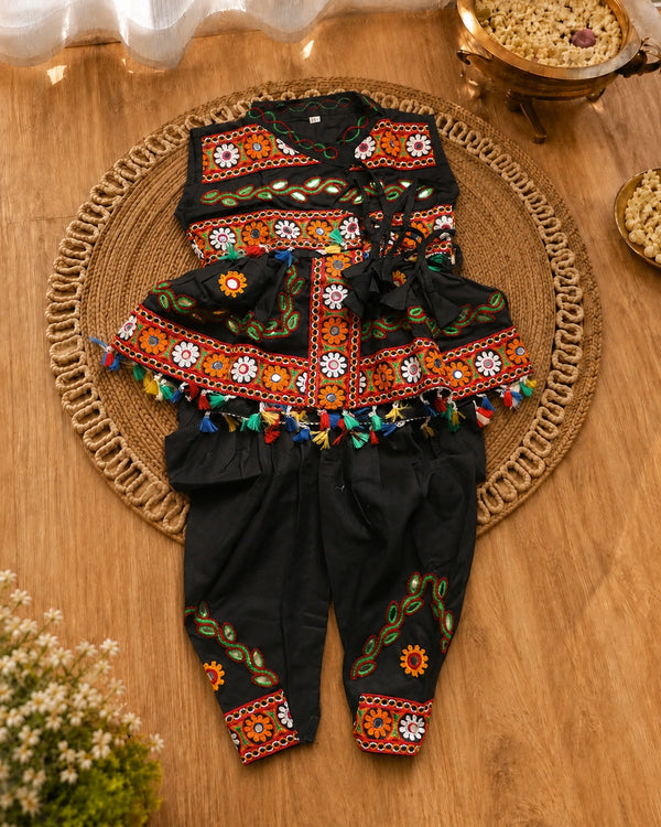 Black Embroidered Kediyu Set for Boys - Candid Shot