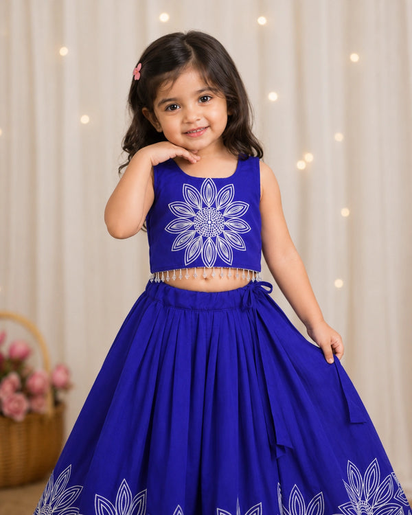 Girls Floral Embroidered Lehenga Choli Set - Royal Blue