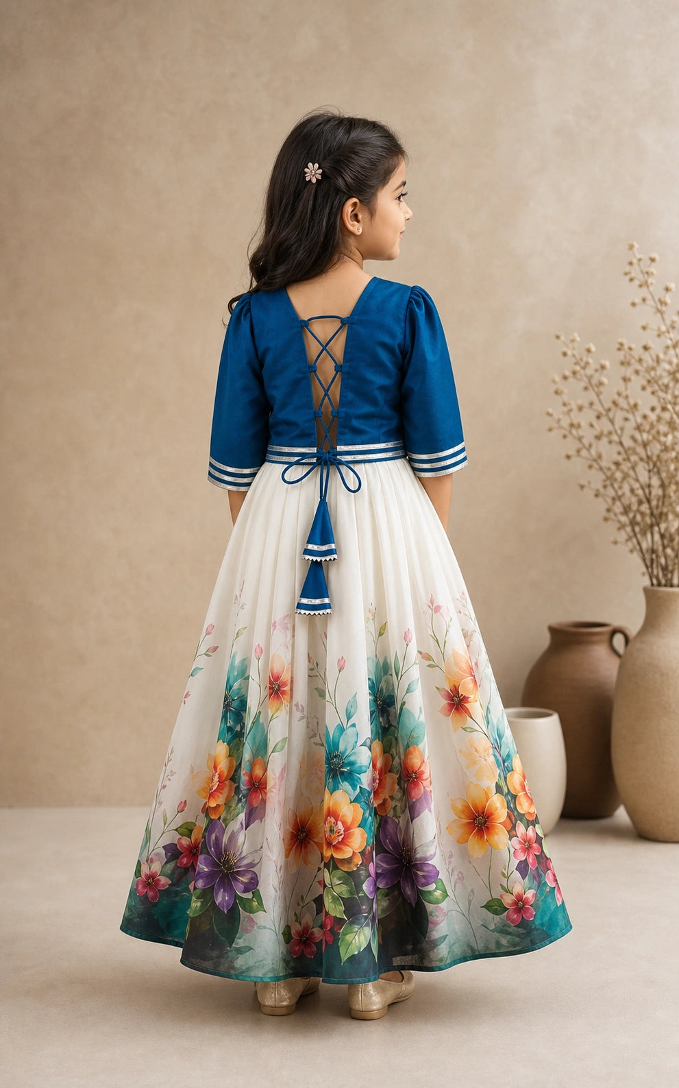 Girls Floral Lehenga Choli Set - Blue