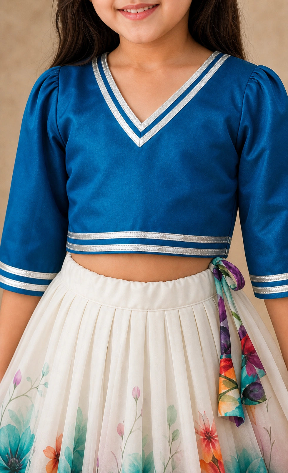 Girls Floral Lehenga Choli Set - Blue