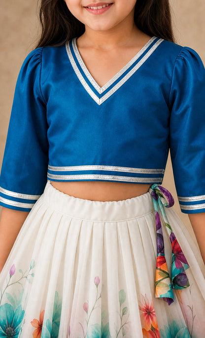 Girls Floral Lehenga Choli Set - Blue