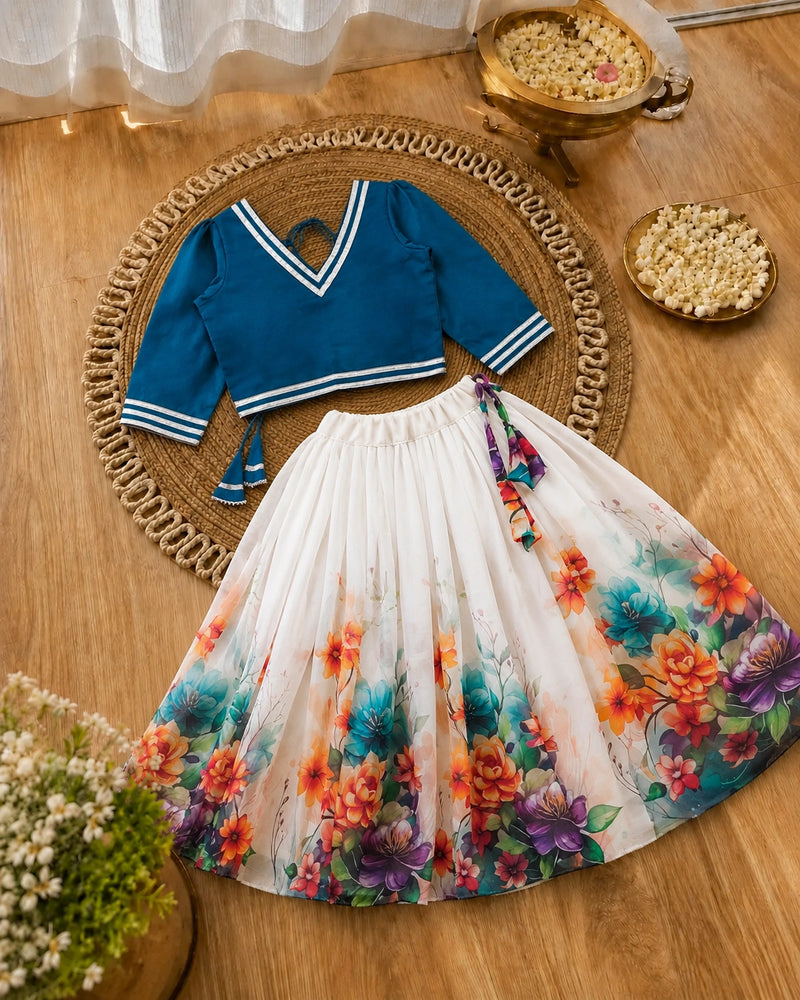 Girls Floral Lehenga Choli Set - Blue
