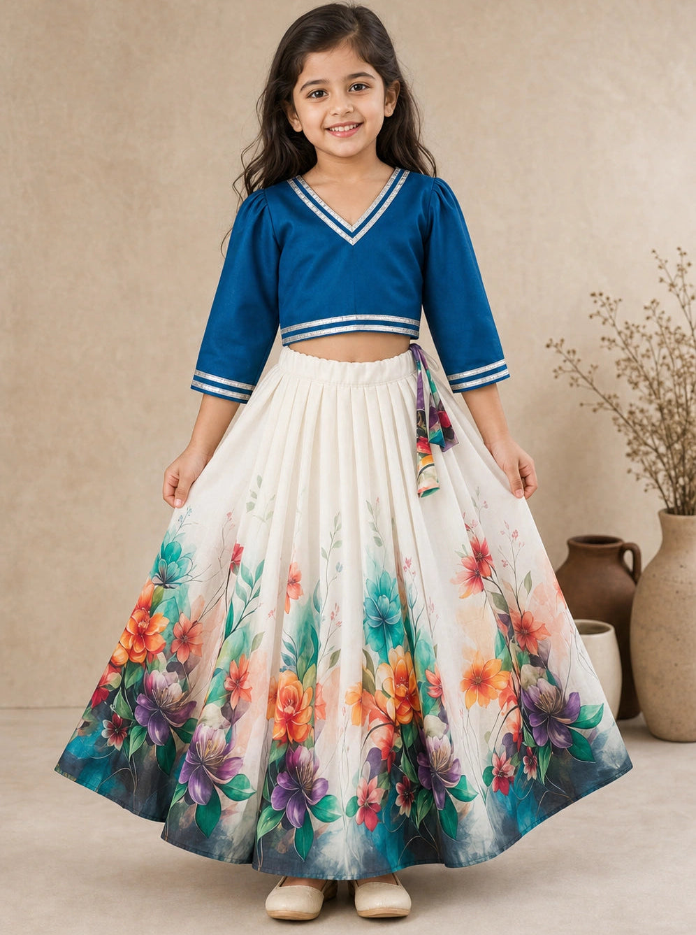 Young girl wearing a blue top and floral skirt against a beige background