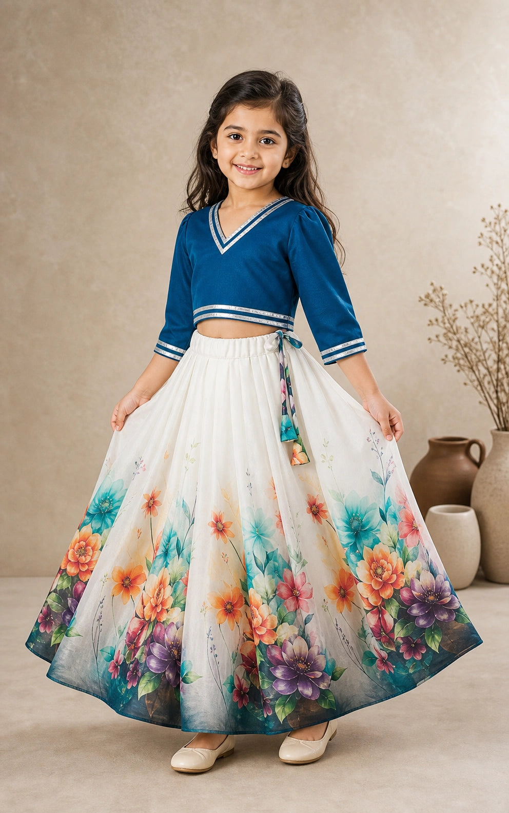 Girls Floral Lehenga Choli Set - Blue