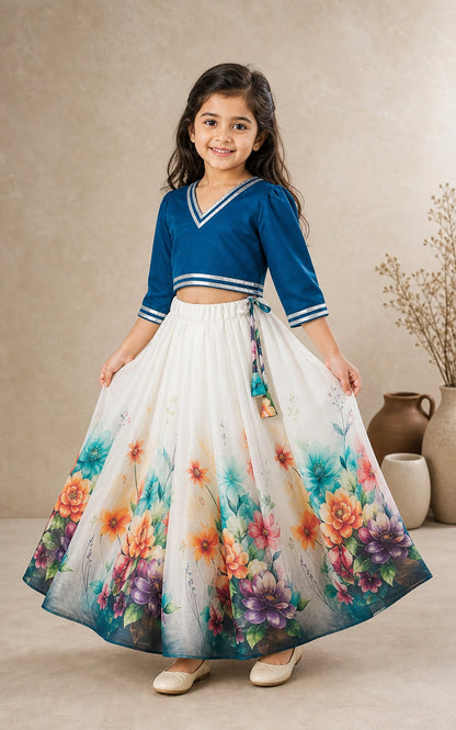 Girls Floral Lehenga Choli Set - Blue