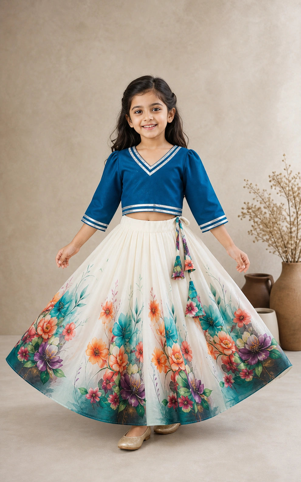 Girls Floral Lehenga Choli Set - Blue