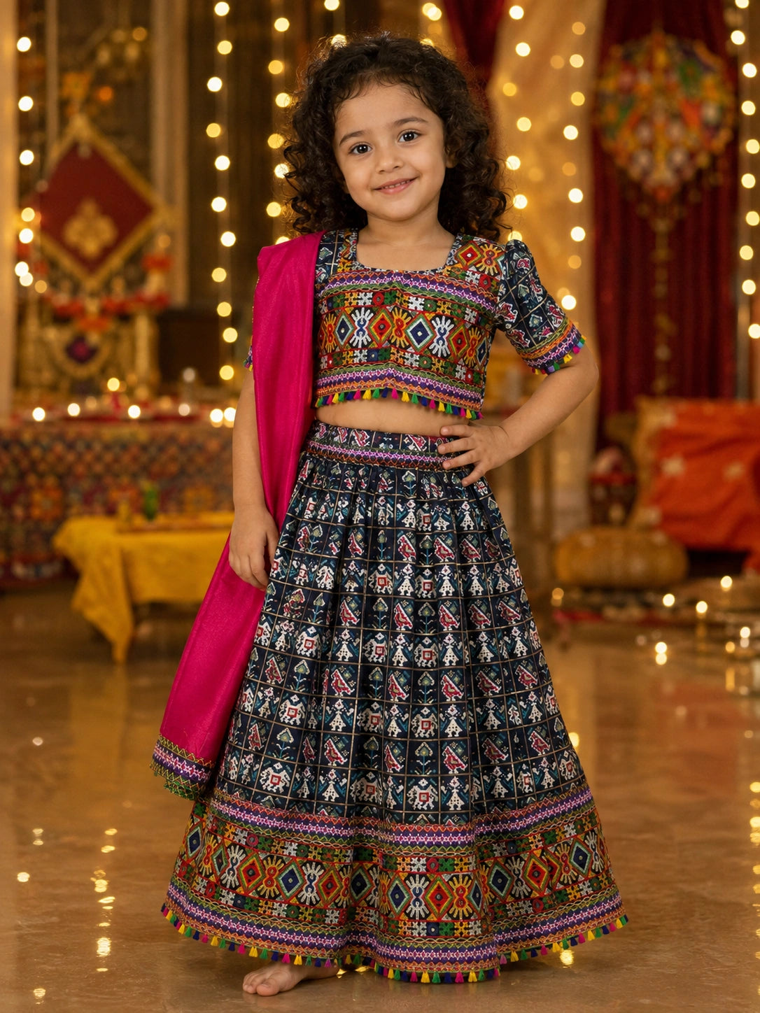 Navy Blue Kaju Katri Patola Lehenga Choli - Girl Front View Smiling at Garba
