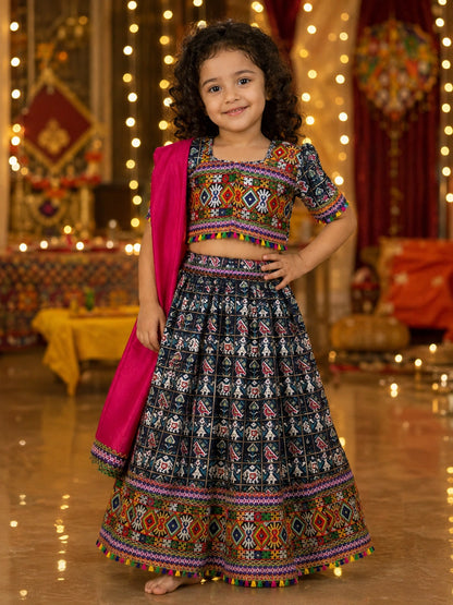 Navy Blue Kaju Katri Patola Lehenga Choli - Girl Front View Smiling at Garba