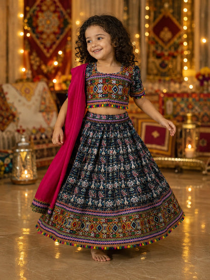 Navy Blue Kaju Katri Patola Lehenga Choli - Flat Lay on Rattan Tray