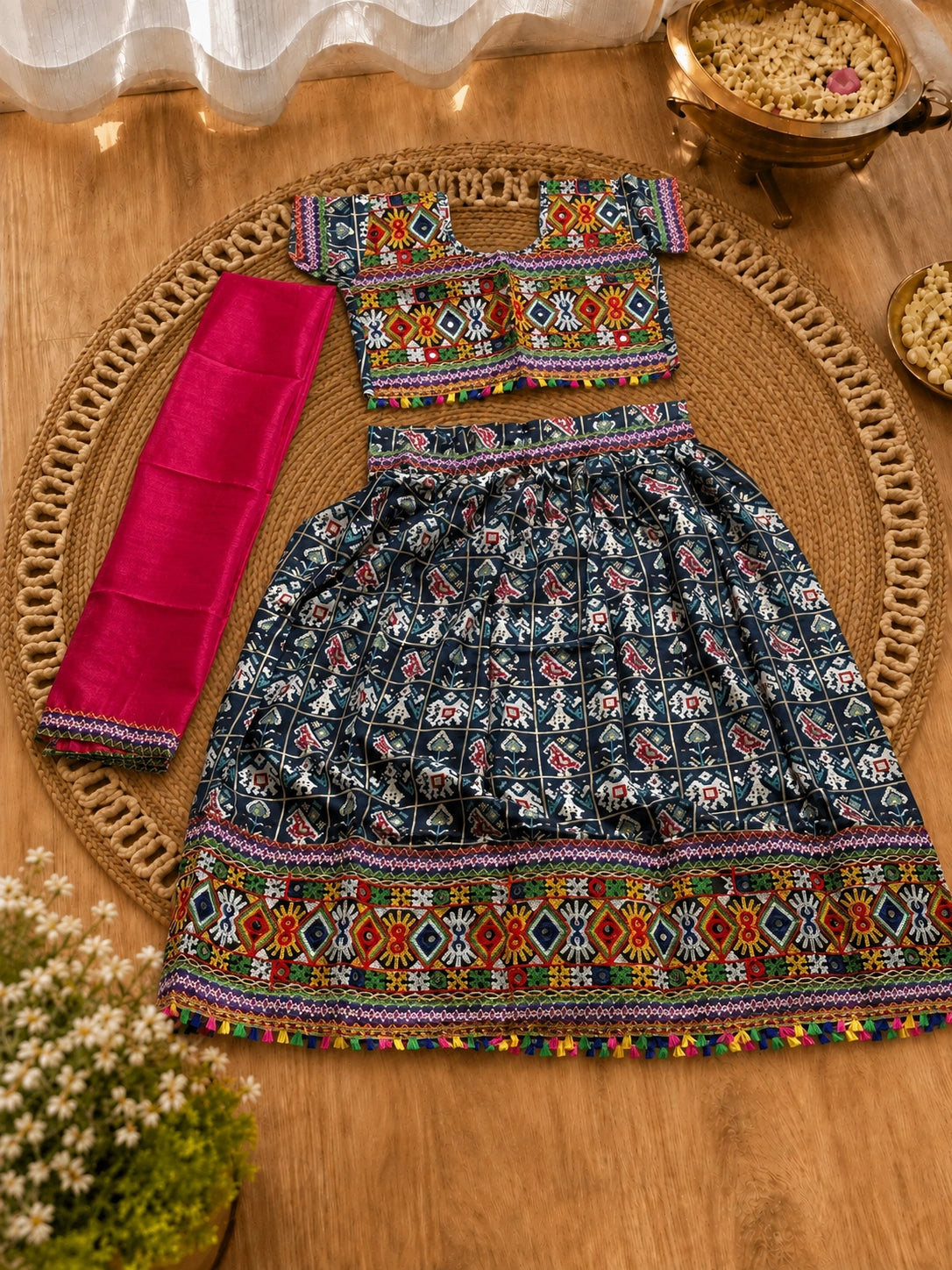 Navy Blue Kaju Katri Patola Lehenga Choli - Girl Twirling at Garba