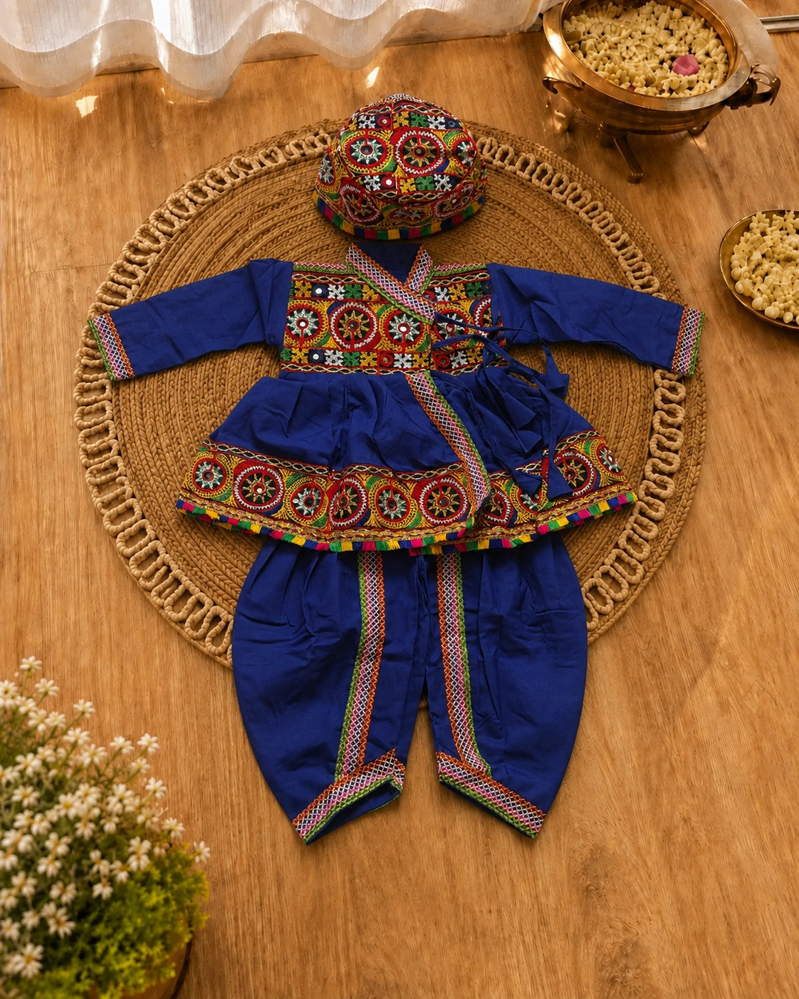 Blue Embroidered Kediyu Set with Cap - Front Pose at Garba