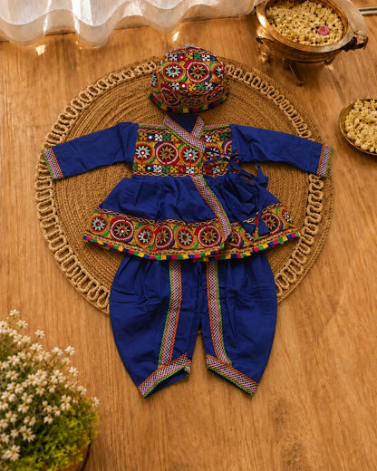 Blue Embroidered Kediyu Set with Cap - Front Pose at Garba