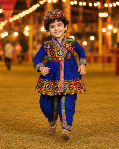 Blue Embroidered Kediyu Set with Cap - Flat Lay