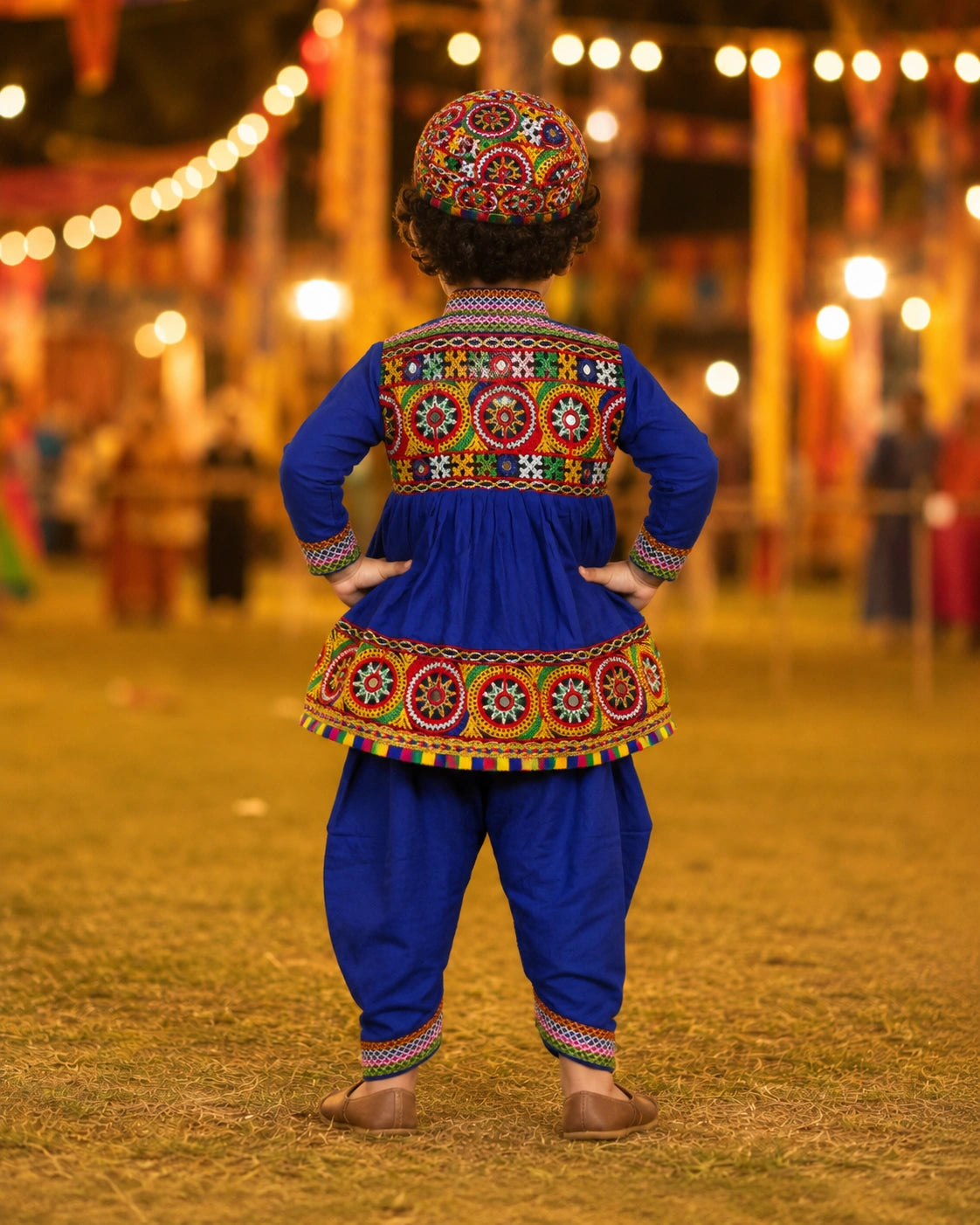 Blue Embroidered Kediyu Set with Cap - Boy Running at Garba