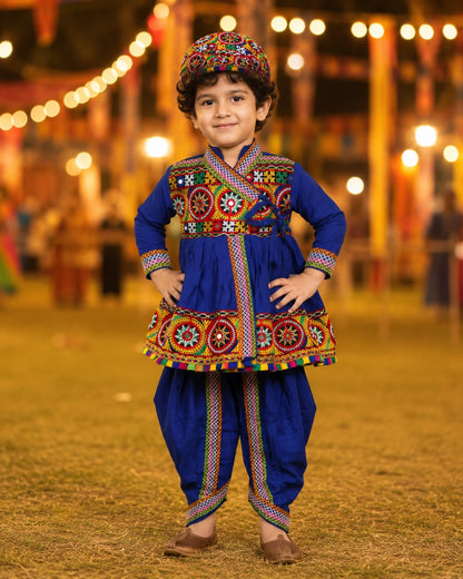 Blue Embroidered Kediyu Set with Cap - Back View at Garba