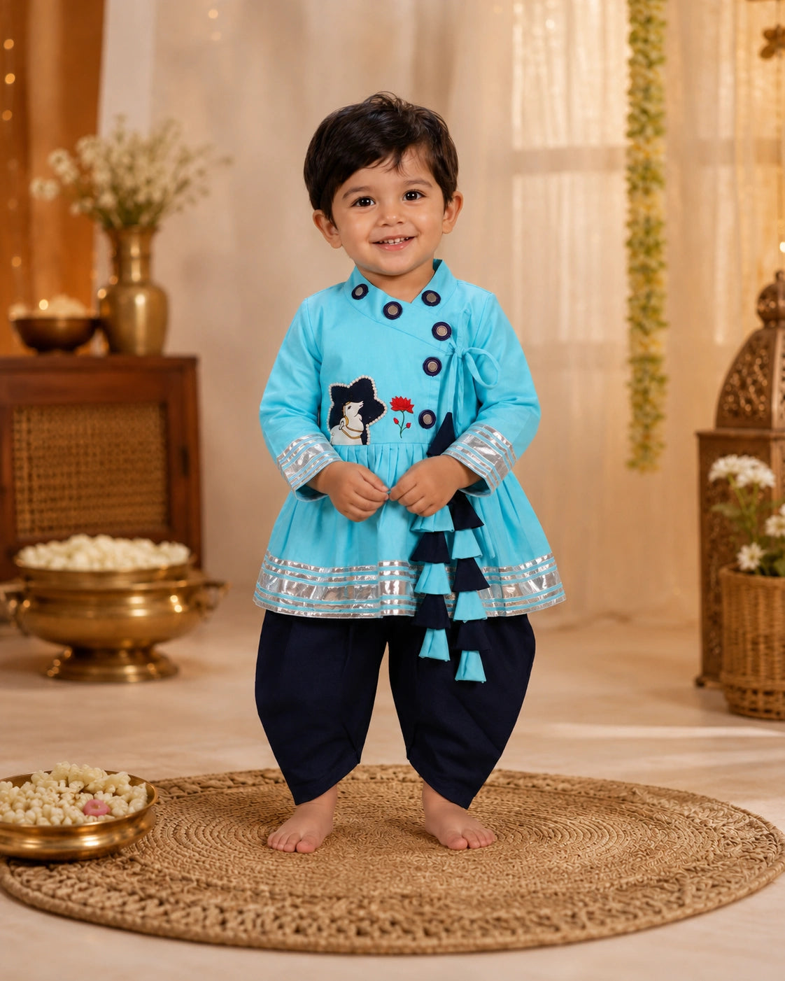 Child wearing a blue traditional outfit with black and silver details in a decorated indoor setting.