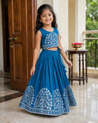 Girls Embroidered Lehenga Choli Set – Teal Blue
