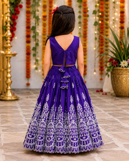 Girls Designer Embroidered Lehenga Choli Set - Royal Purple