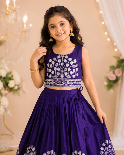 Girls Embroidered Lehenga Choli Set – Purple