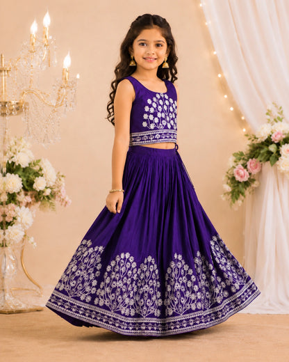 Girls Embroidered Lehenga Choli Set – Purple