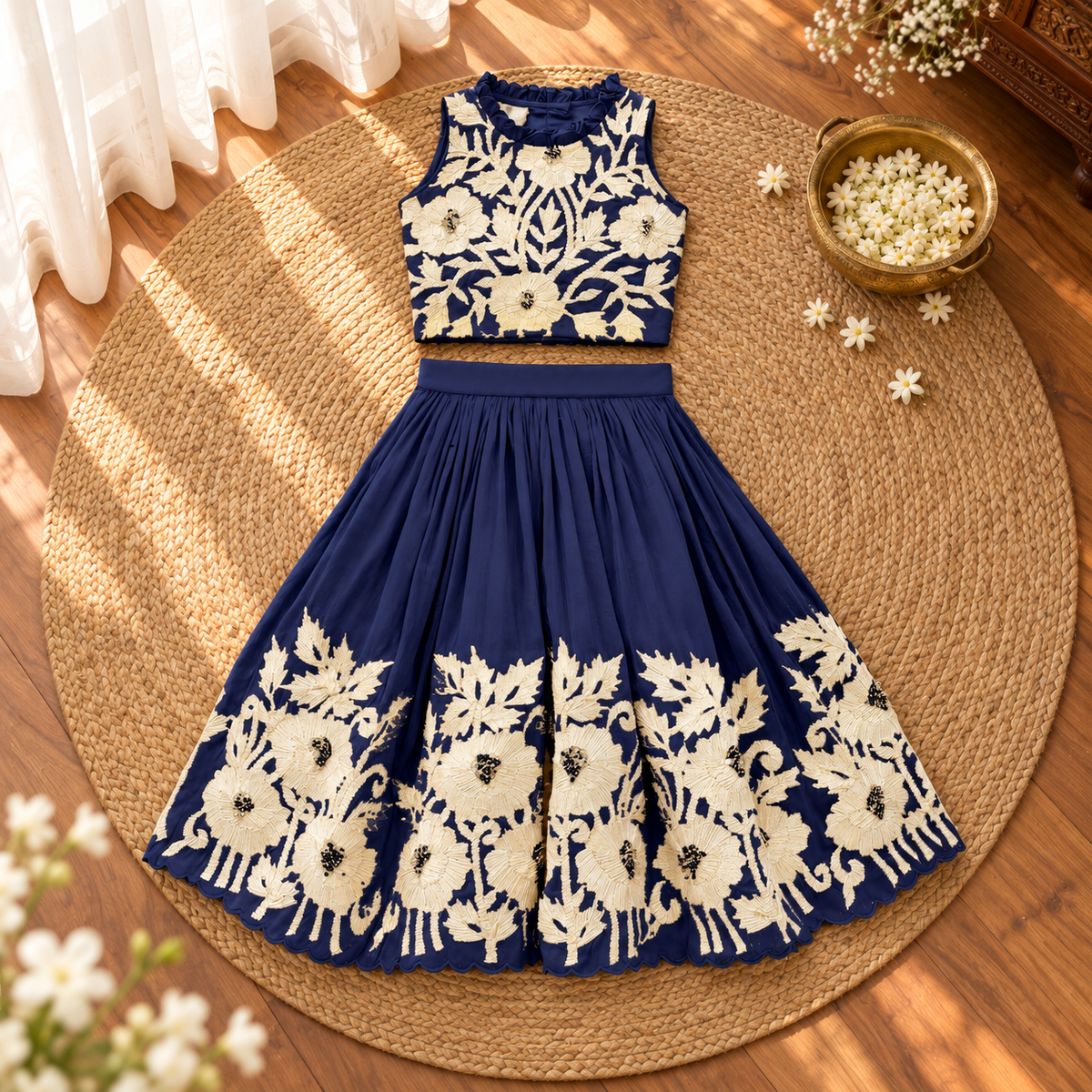 Girl in royal blue embroidered lehenga set, standing front view