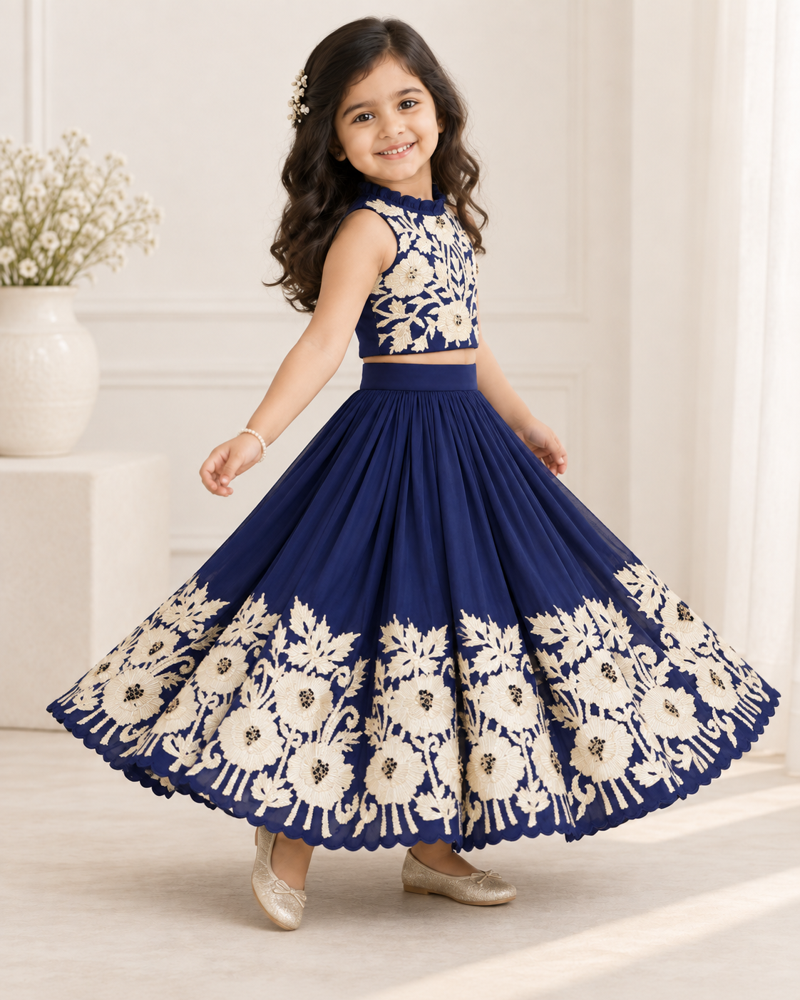 Royal blue embroidered lehenga set laid flat