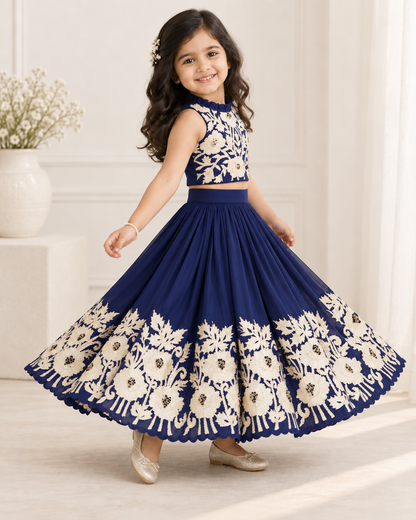Royal blue embroidered lehenga set laid flat