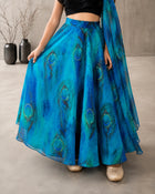 Girls Peacock Print Lehenga Choli Set with Dupatta - Black & Blue