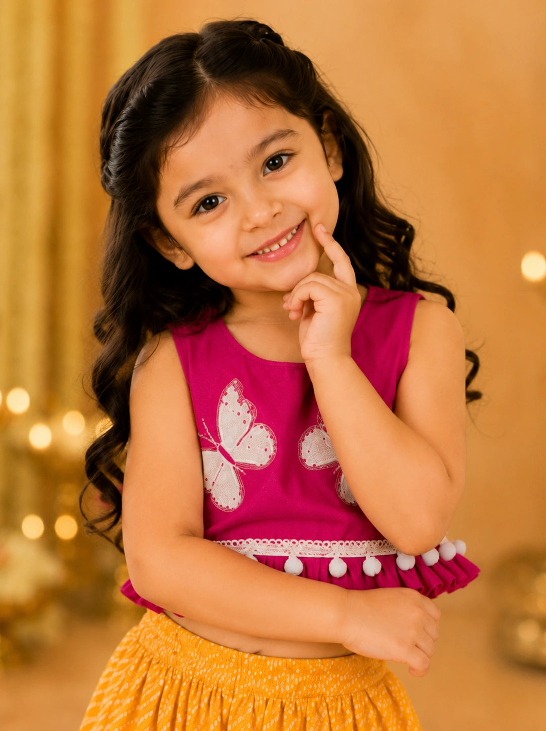 Girls Butterfly Print Pink Top & Yellow Tiered Skirt Co-Ord Set