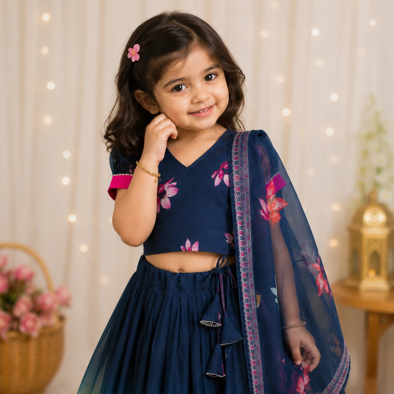 Girls Floral Print Lehenga Choli Set with Dupatta - Navy Blue Ombre