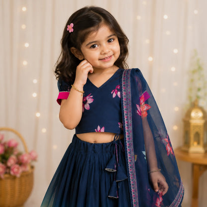 Girls Floral Print Lehenga Choli Set with Dupatta - Navy Blue Ombre