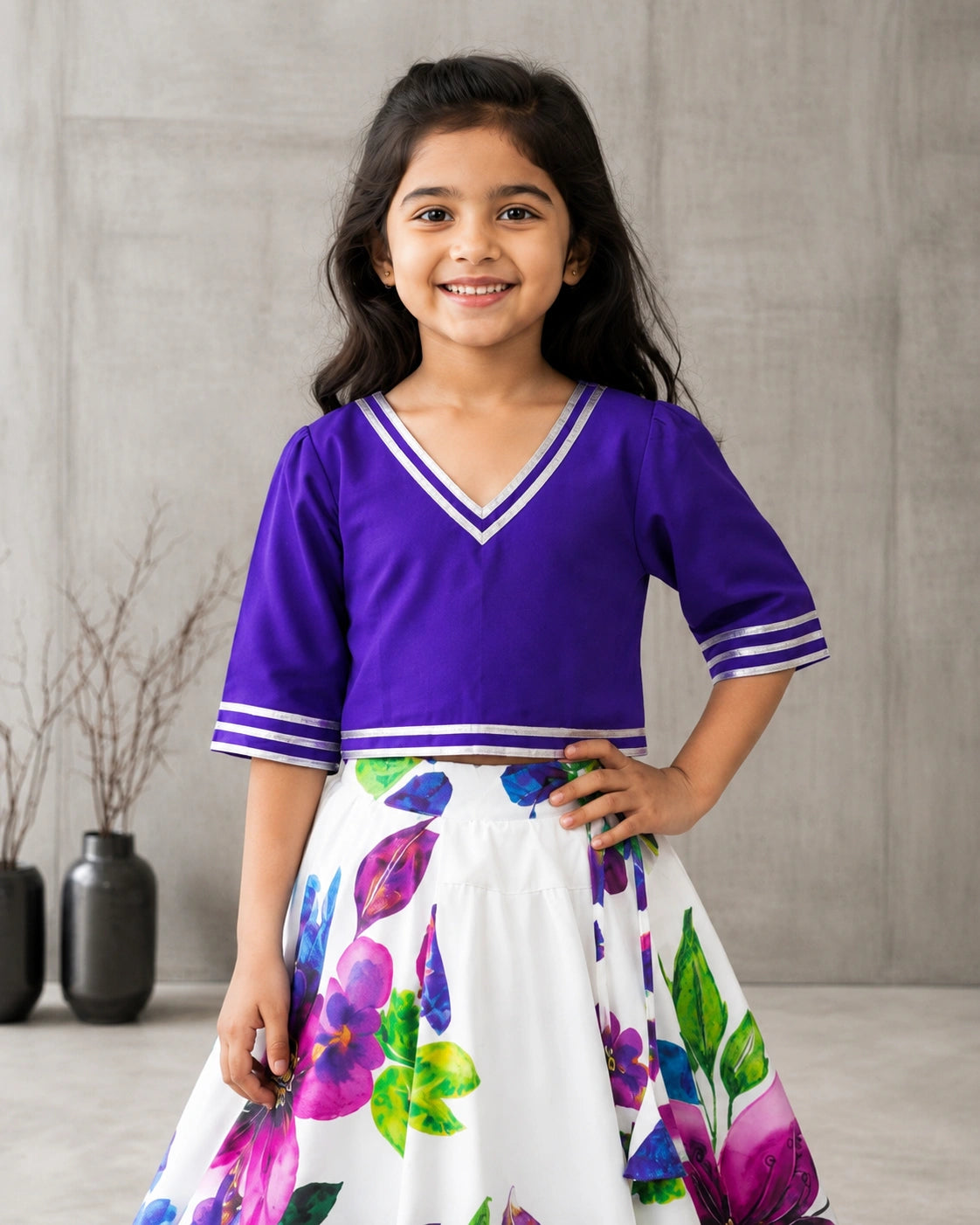 Girls Purple Floral Lehenga Choli Set – Festive Ethnic Wear for Kids