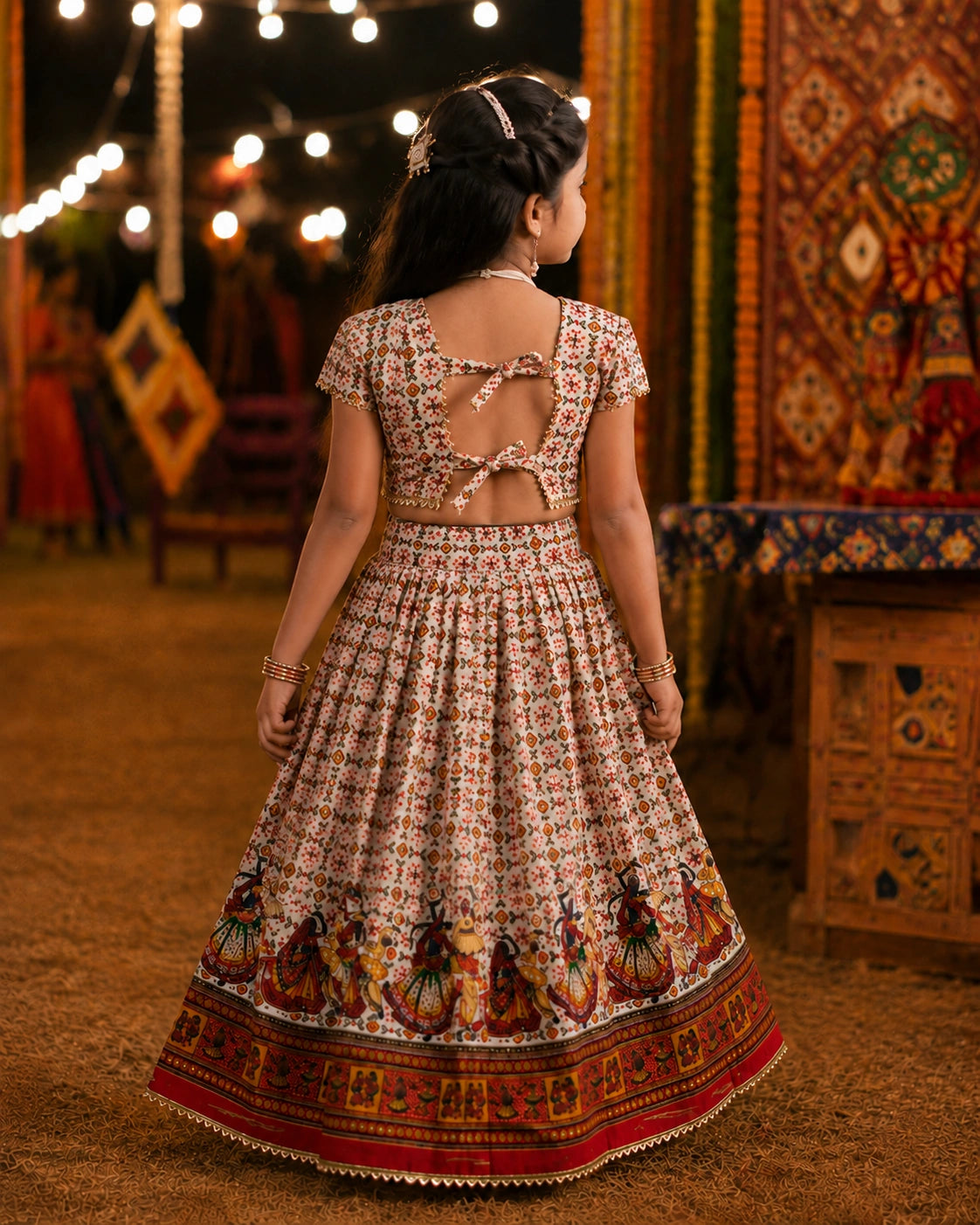 Cream Dandiya Garba Print Lehenga Choli - Girl Front View at Navratri Ground