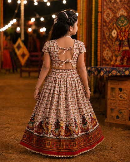 Cream Dandiya Garba Print Lehenga Choli - Girl Front View at Navratri Ground