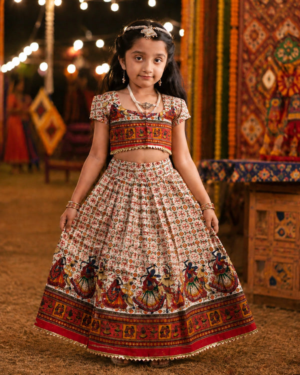 Cream Dandiya Garba Print Lehenga Choli - Girl Back View at Navratri Ground