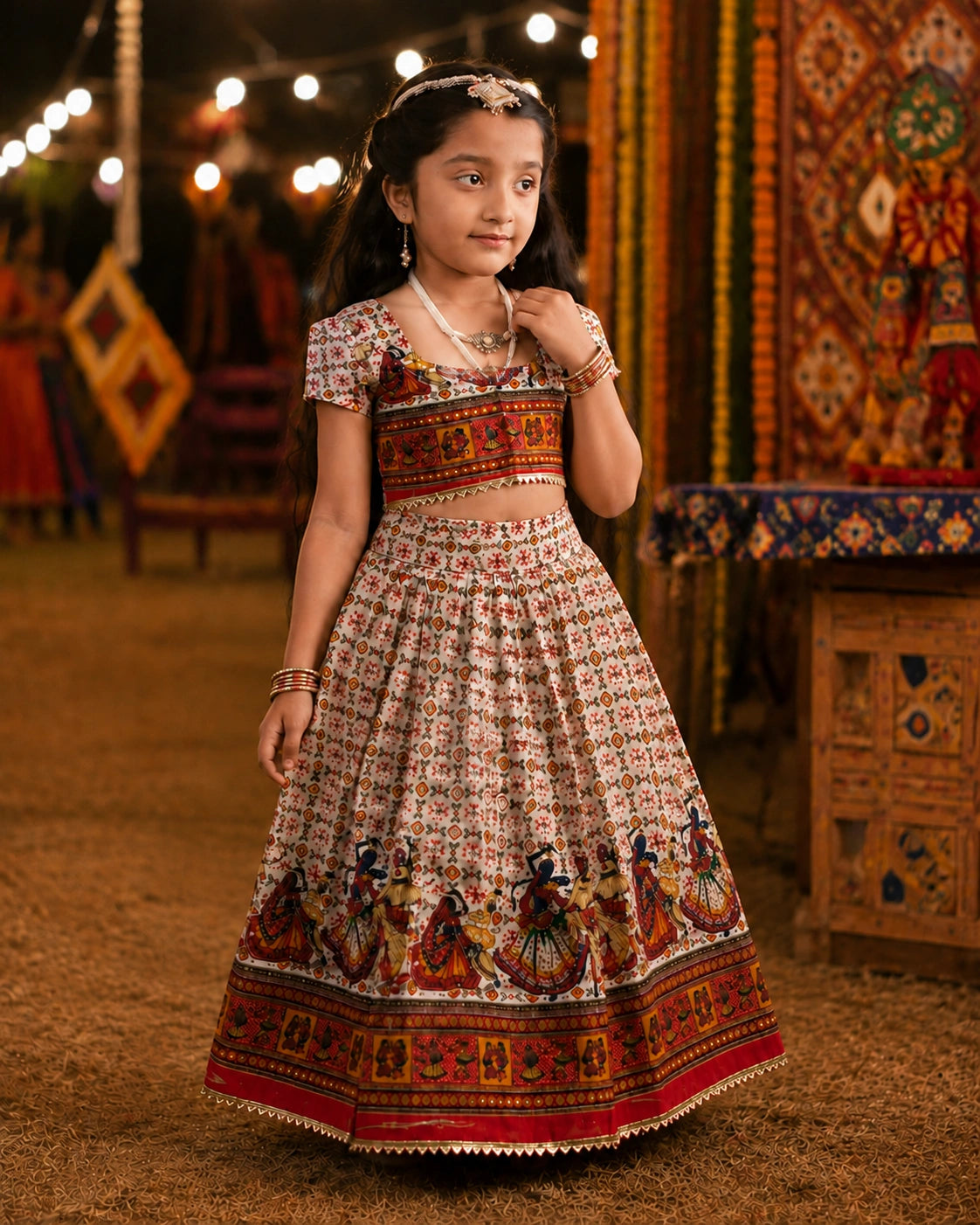 Cream Dandiya Garba Print Lehenga Choli - Girl Posing at Navratri Ground