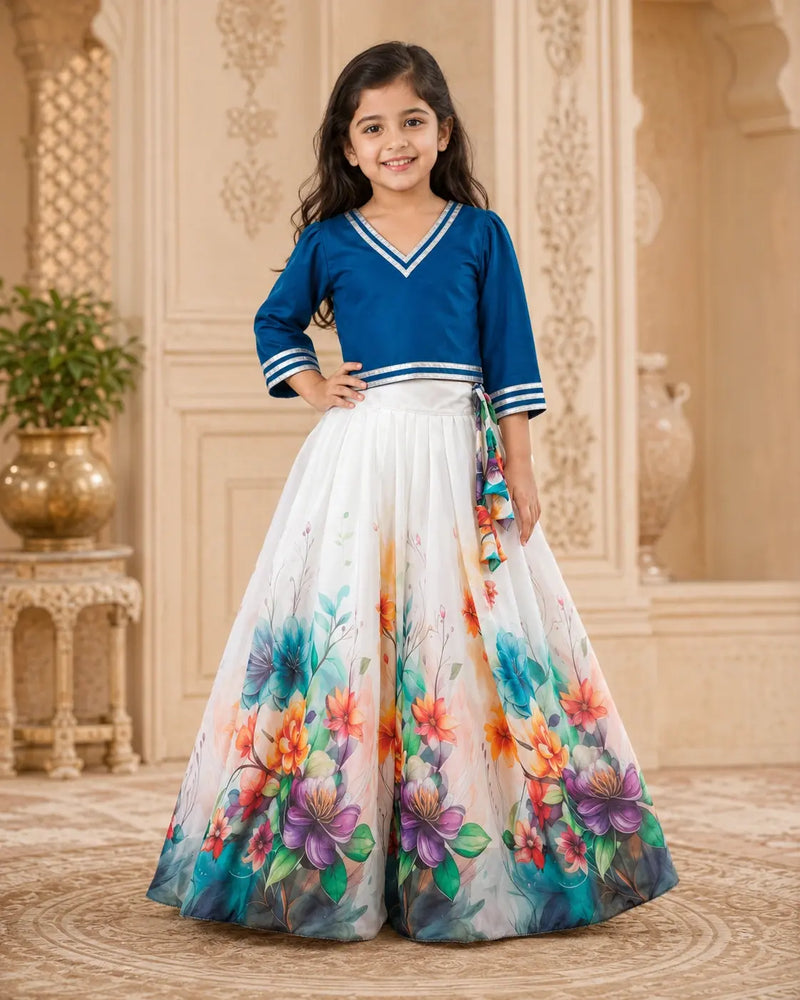Girls Floral Lehenga Choli Set - Blue