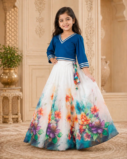 Girls Floral Lehenga Choli Set - Blue