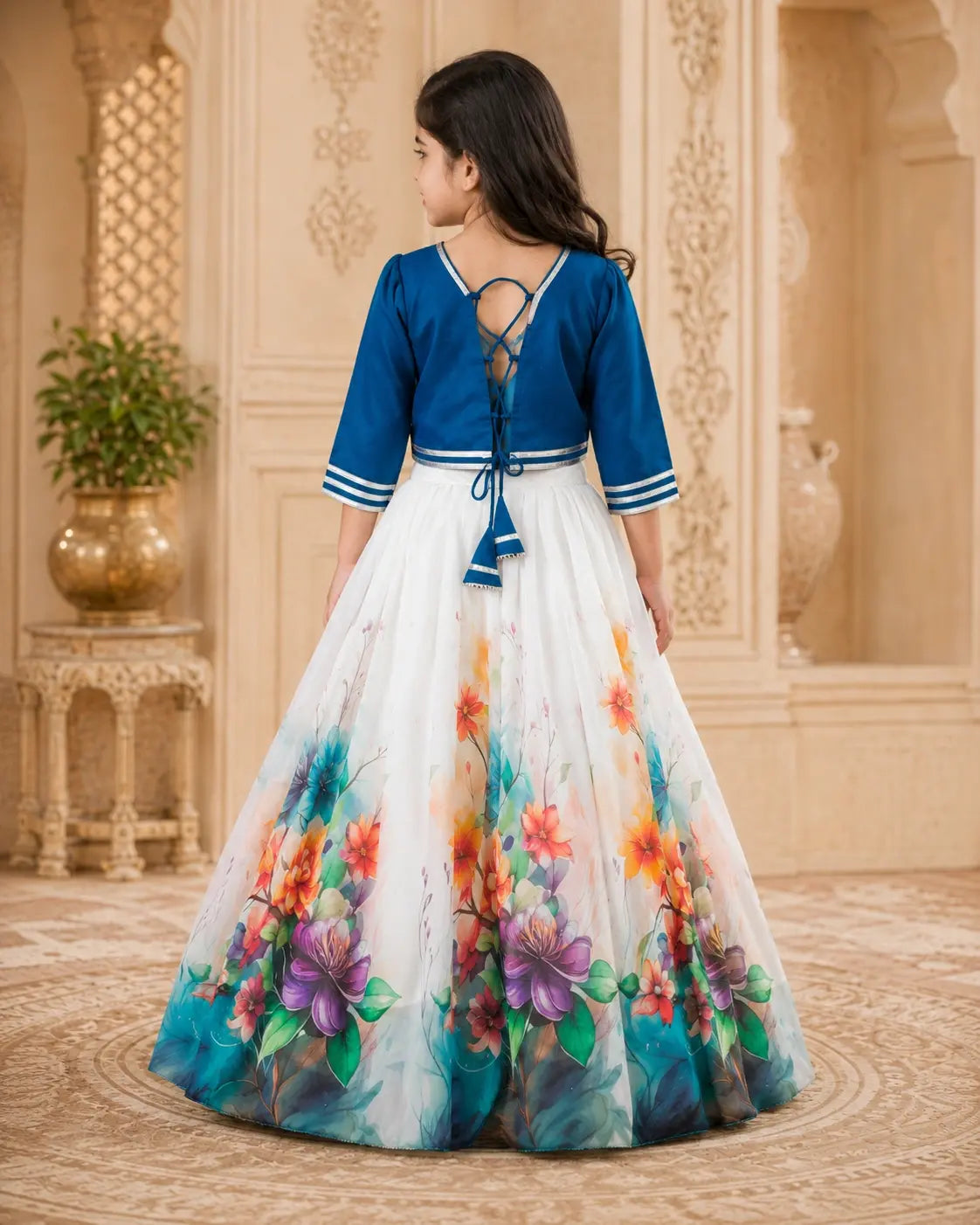 Girls Floral Lehenga Choli Set - Blue