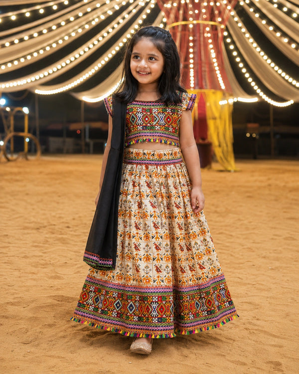 Cream Kaju Katri Patola Lehenga Choli Set with Black Dupatta