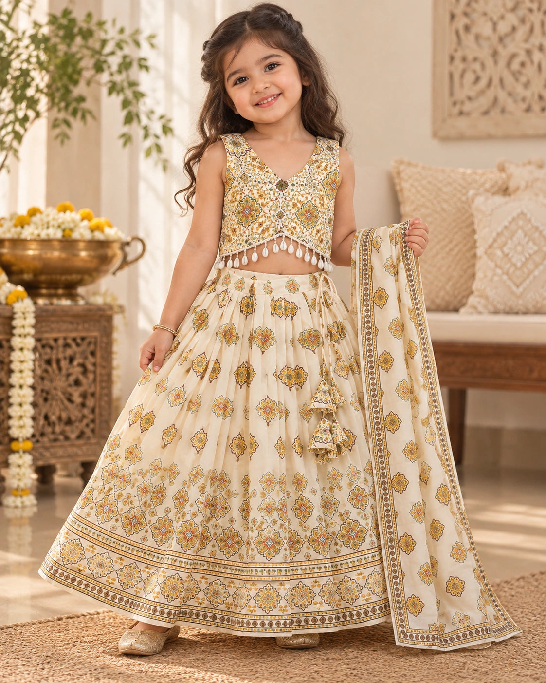 Girl wearing a floral print lehenga choli set with dupatta