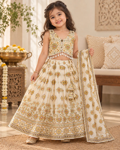 Girl wearing a floral print lehenga choli set with dupatta