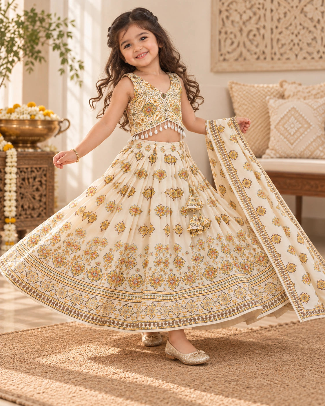 Back view of girl wearing a floral lehenga choli set with dupatta