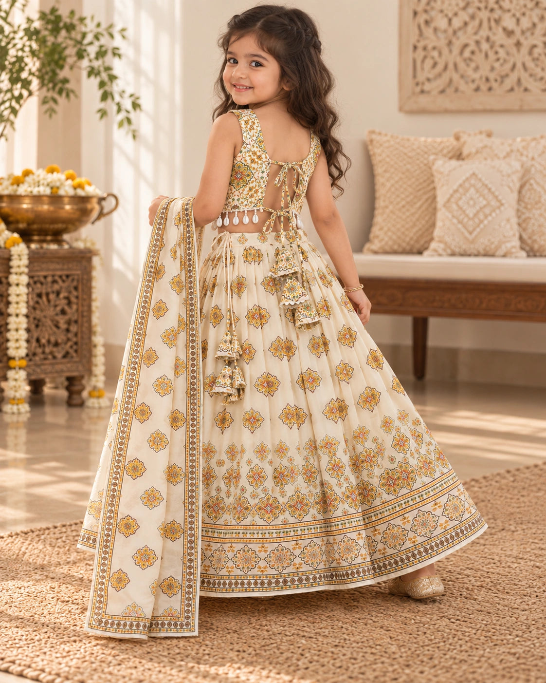 Front view of girls floral print lehenga choli set