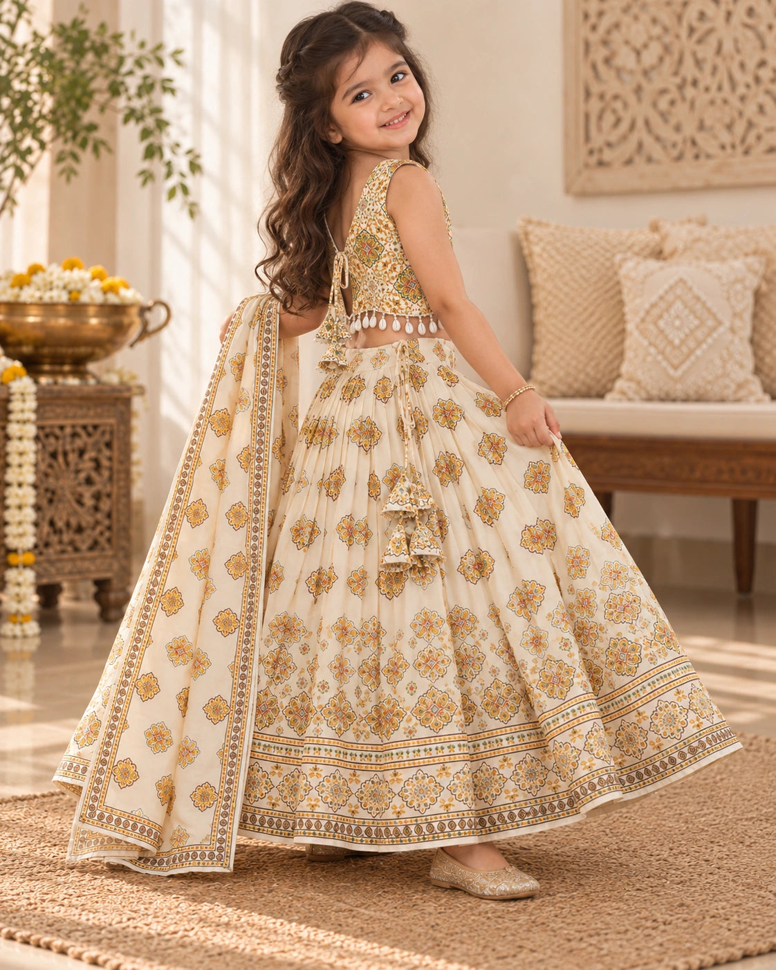 Floral print girls lehenga choli set displayed flat