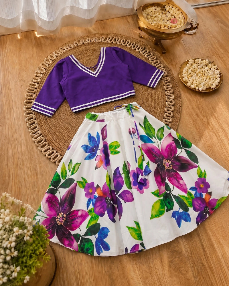 Girls Purple Floral Lehenga Choli Set – Festive Ethnic Wear for Kids