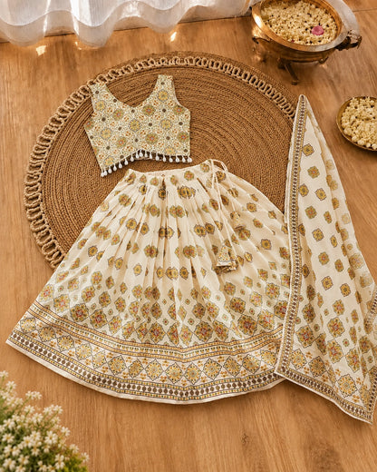 Girl twirling in a floral print lehenga choli set with dupatta