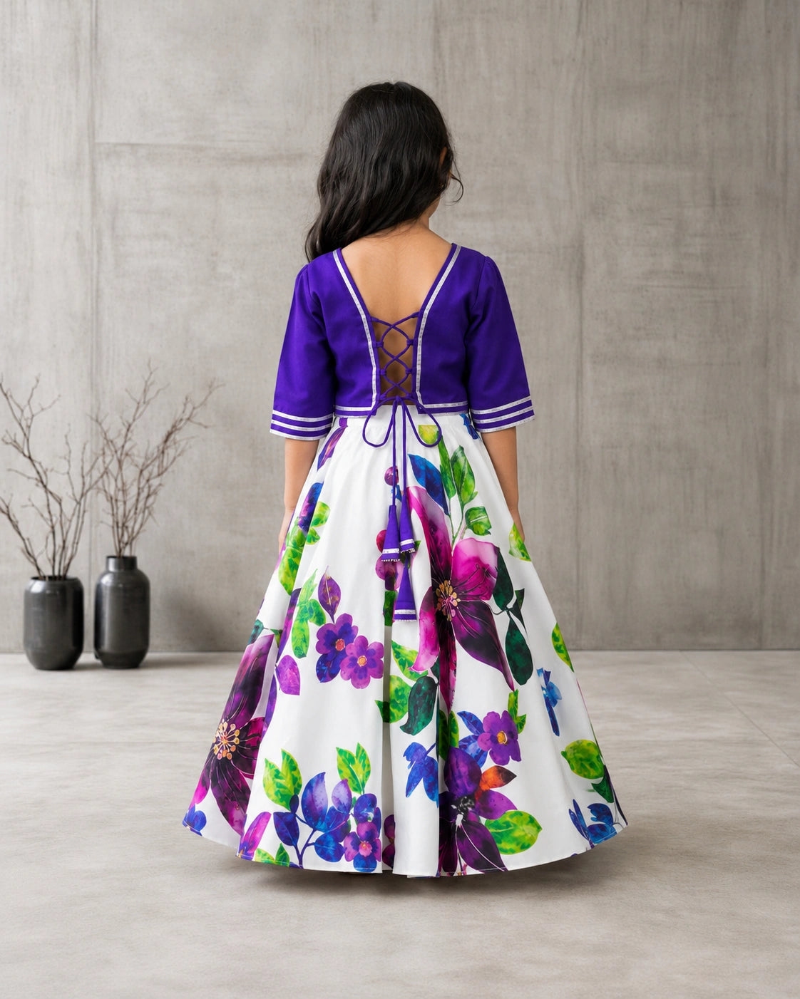 Girls Purple Floral Lehenga Choli Set – Festive Ethnic Wear for Kids