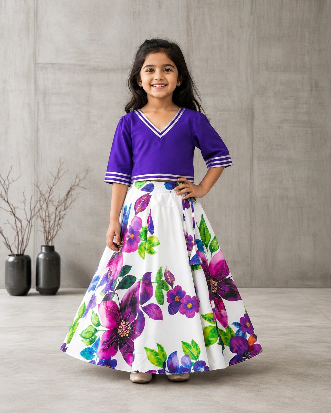 Girls Purple Floral Lehenga Choli Set – Festive Ethnic Wear for Kids